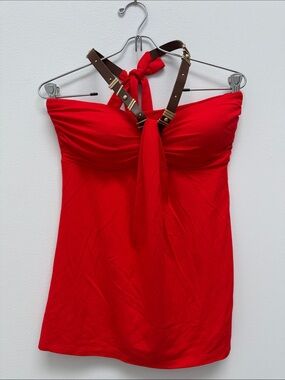 Cache Red Strapless Tube Top with Brown Harness Straps